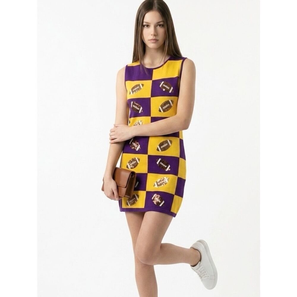 QUEEN OF SPARKLES | NEW! Purple & Yellow Checkered Dress Sequin Footballs